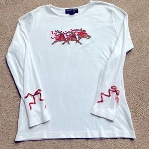 Women’s Christmas shirt; Medium; embroidered reindeer; bows on sleeves
